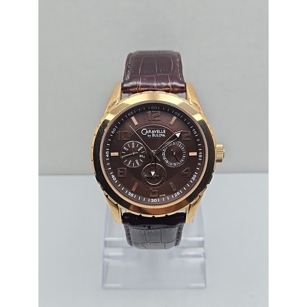 Caravelle by Bulova Rose Gold Brown Dial Multifunction Leather Watch New Battery